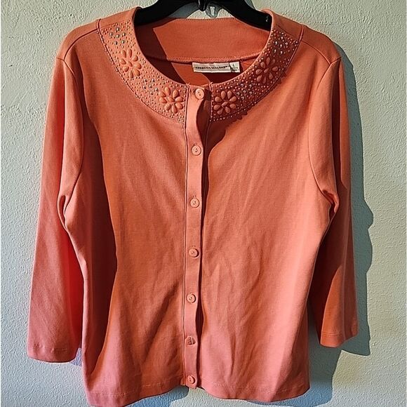 REBECCA MALONE Pink CORAL Floral BEADED BUTTON UP COTTON Cardigan L Summer Vibe - Picture 1 of 7